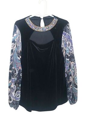 Velvet Embellished Blouse M Sheer Paisley Sleeves Luxe Statement Top